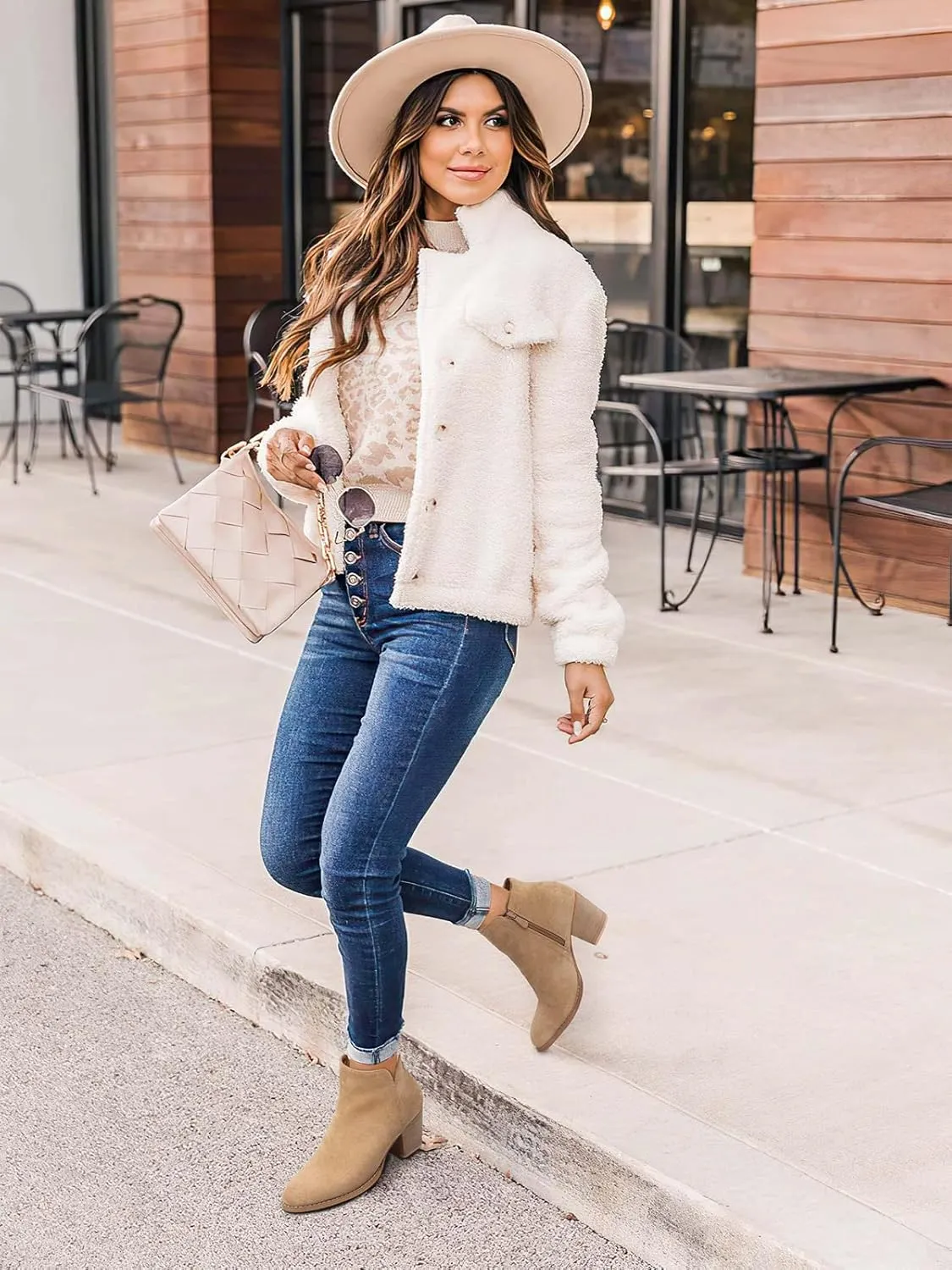SHIBEVER Women's Ankle Boots Heel: Chunky Low Heeled Almond Toe Short Booties with Zipper Faux Suede Dress Western Fall 2025 Shoes