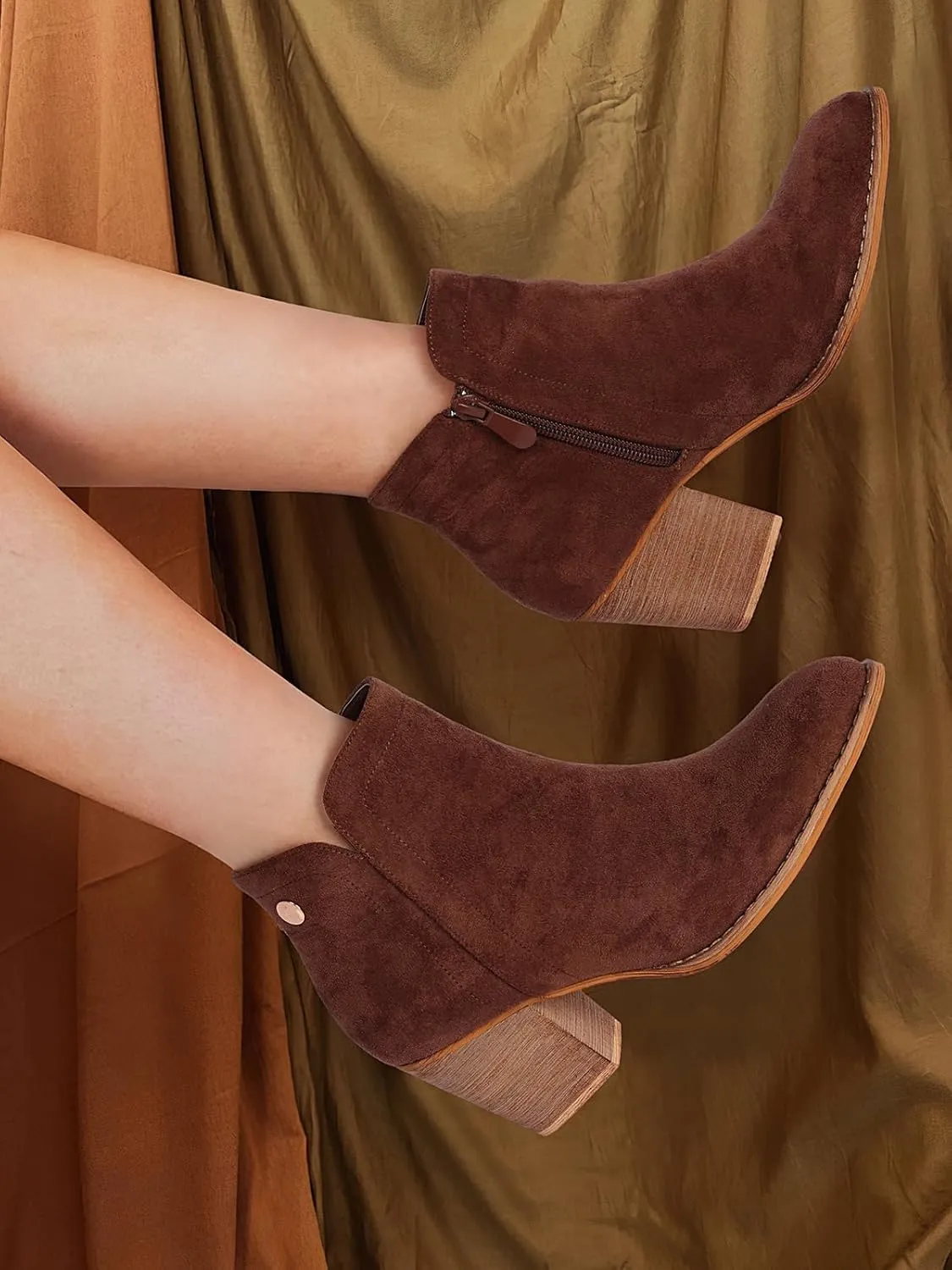SHIBEVER Women's Ankle Boots Heel: Chunky Low Heeled Almond Toe Short Booties with Zipper Faux Suede Dress Western Fall 2025 Shoes