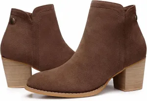 SHIBEVER Women's Ankle Boots Heel: Chunky Low Heeled Almond Toe Short Booties with Zipper Faux Suede Dress Western Fall 2025 Shoes