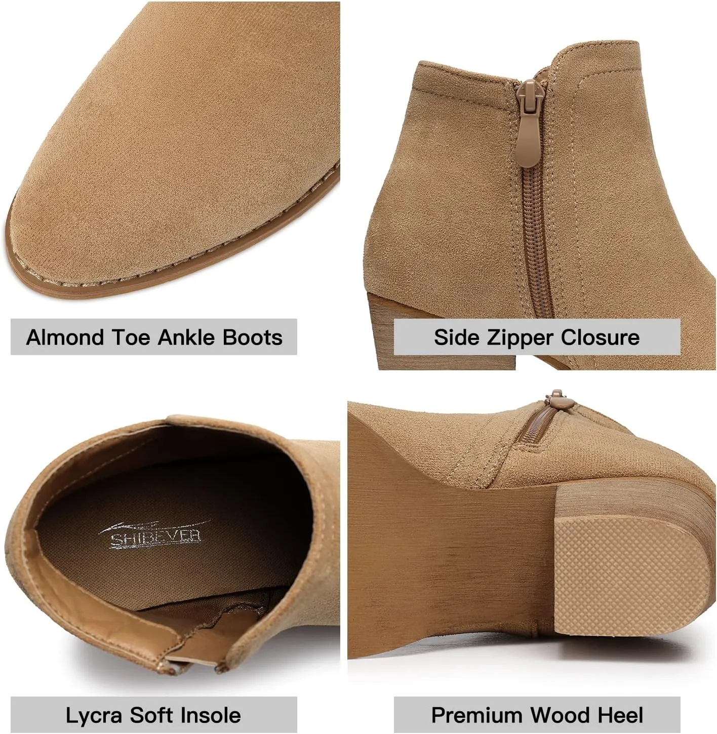 SHIBEVER Women's Ankle Boots Heel: Chunky Low Heeled Almond Toe Short Booties with Zipper Faux Suede Dress Western Fall 2025 Shoes