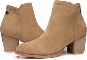SHIBEVER Women's Ankle Boots Heel: Chunky Low Heeled Almond Toe Short Booties with Zipper Faux Suede Dress Western Fall 2025 Shoes