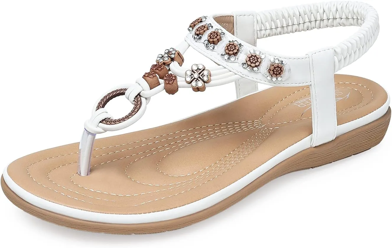 SHIBEVER Womens Sandals Summer Bohemian Flat Sandals Shoes with Elastic Strap Dressy Sandal