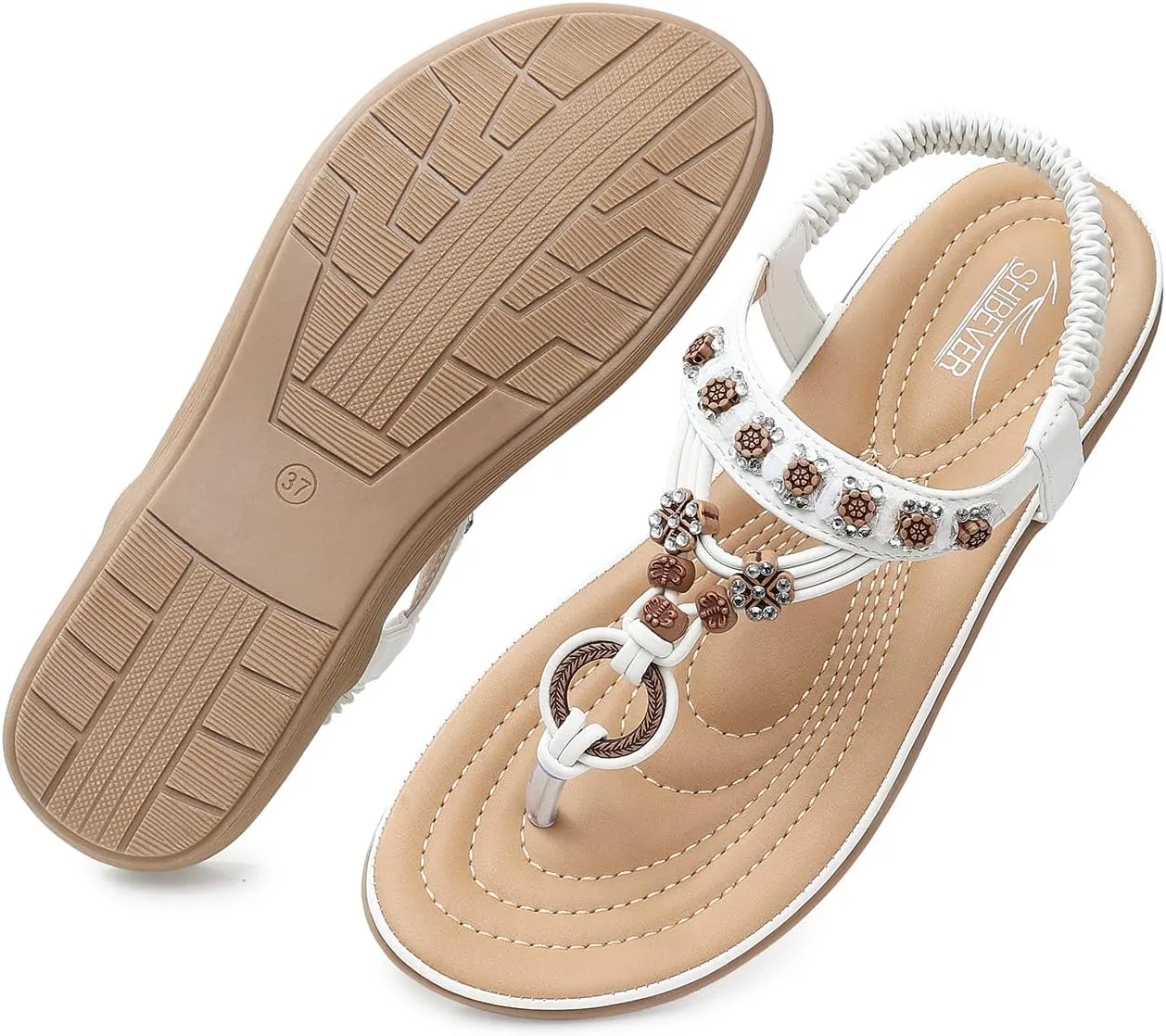SHIBEVER Womens Sandals Summer Bohemian Flat Sandals Shoes with Elastic Strap Dressy Sandal