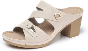 SHIBEVER Women's Summer Sandals, Low Wedge Block Heels, Comfortable PU Leather, Slip-On, Open Toe, Dressy & Casual