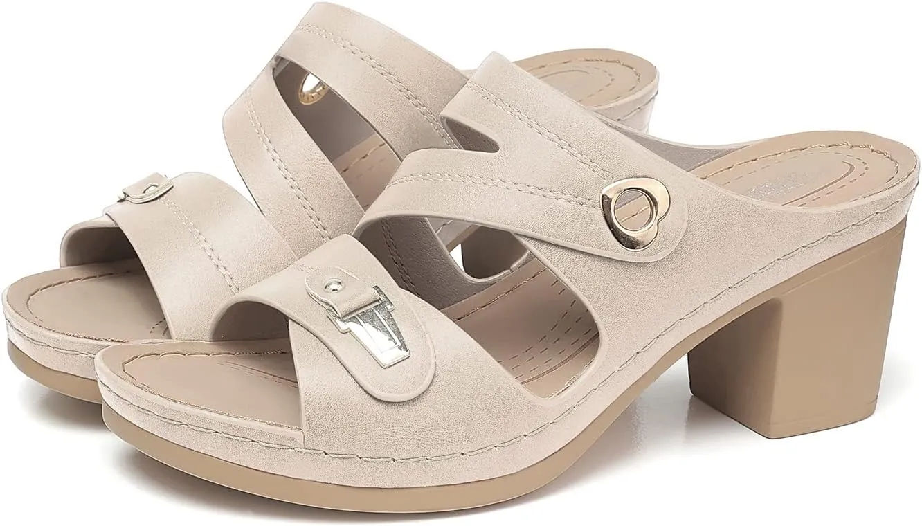 SHIBEVER Women's Summer Sandals, Low Wedge Block Heels, Comfortable PU Leather, Slip-On, Open Toe, Dressy & Casual