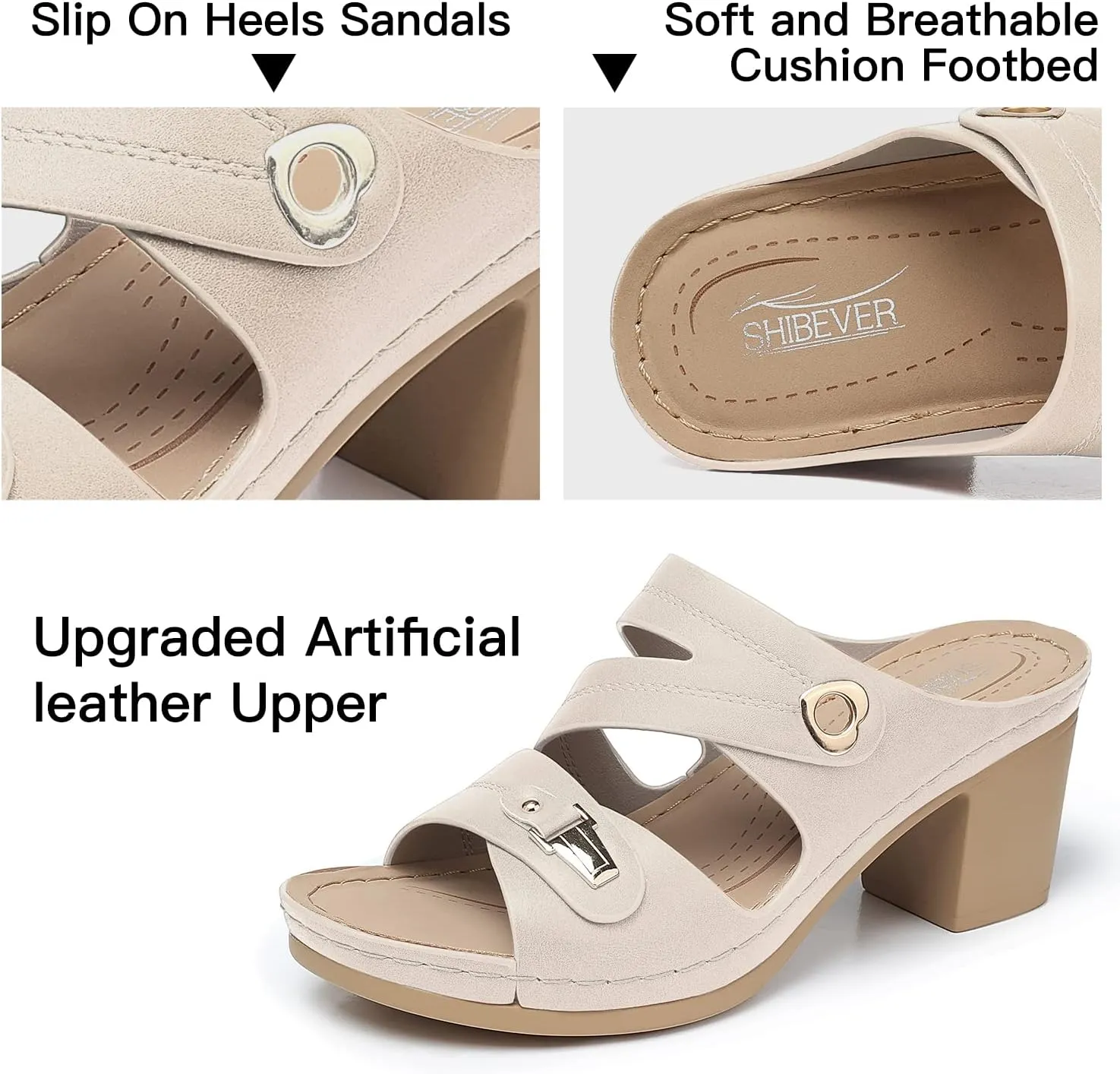 SHIBEVER Women's Summer Sandals, Low Wedge Block Heels, Comfortable PU Leather, Slip-On, Open Toe, Dressy & Casual