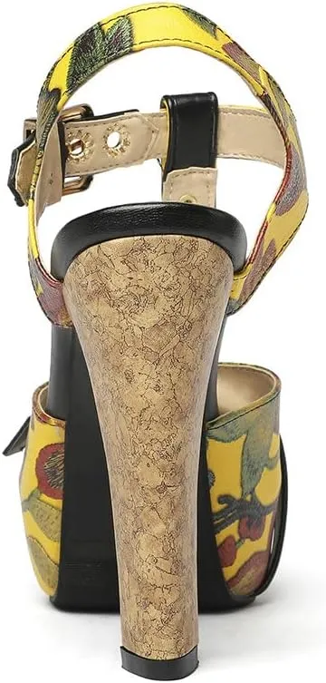 Shinelly Women Floral Peep Toe T-Strap Platform Chunky Block Heel Sandals High Heeled Sandal