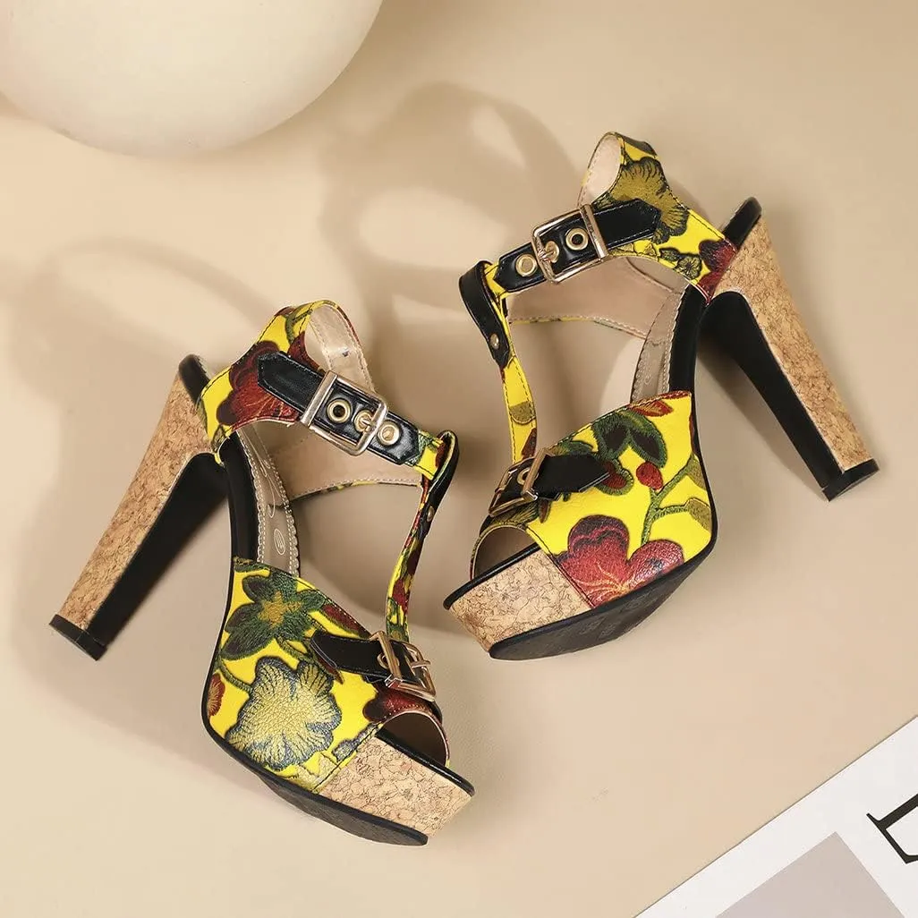 Shinelly Women Floral Peep Toe T-Strap Platform Chunky Block Heel Sandals High Heeled Sandal