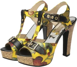 Shinelly Women Floral Peep Toe T-Strap Platform Chunky Block Heel Sandals High Heeled Sandal