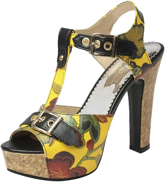 Shinelly Women Floral Peep Toe T-Strap Platform Chunky Block Heel Sandals High Heeled Sandal