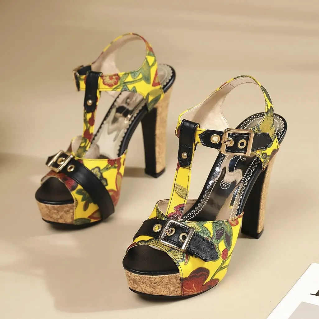Shinelly Women Floral Peep Toe T-Strap Platform Chunky Block Heel Sandals High Heeled Sandal