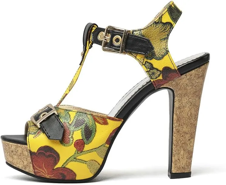 Shinelly Women Floral Peep Toe T-Strap Platform Chunky Block Heel Sandals High Heeled Sandal