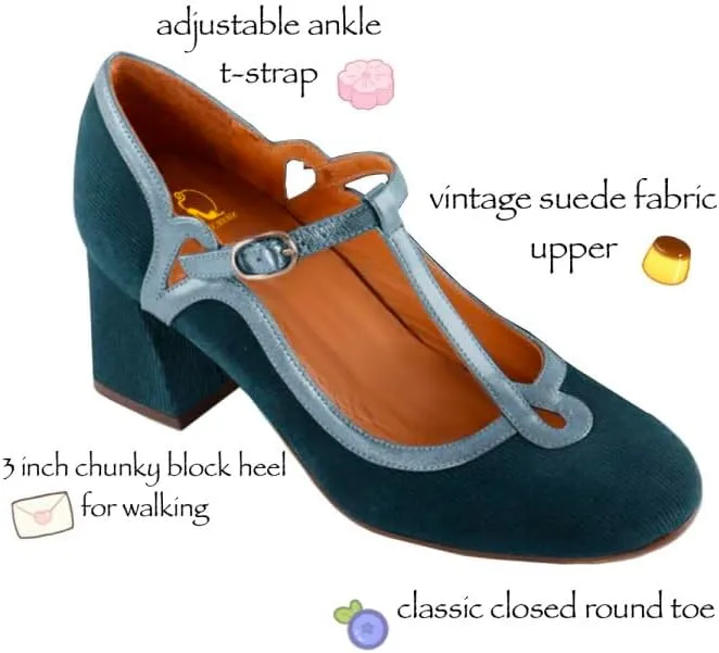 SHODENSE Women Chunky High Heel Mary Jane Shoes Ankle T-strap Round Toe Mary Jane Pumps Suede 3 inch Block Heel Dress Sandals Closed Toe Buckle Retro Wedding Party Office 4-11 M US