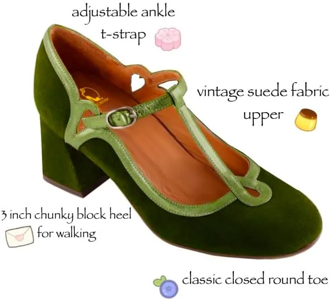 SHODENSE Women Chunky High Heel Mary Jane Shoes Ankle T-strap Round Toe Mary Jane Pumps Suede 3 inch Block Heel Dress Sandals Closed Toe Buckle Retro Wedding Party Office 4-11 M US