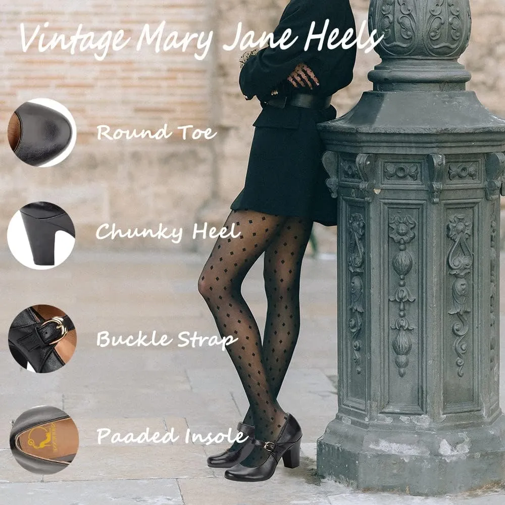 SHODENSE Women Vintage Chunky High Heel Mary Jane Shoes Round Closed Toe Ankle Strap Dress Sandals 3" Block Heels Mary Jane Lolita Pumps Two-Toned Patchwork Buckle Office Lady Wedding Retro 4-11 M US