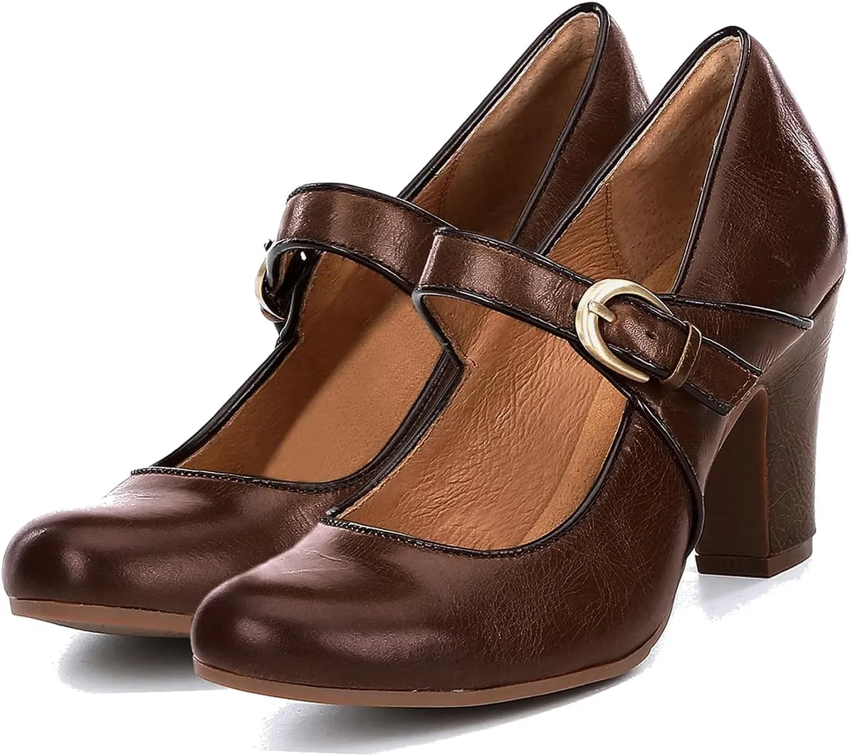 SHODENSE Women Vintage Chunky High Heel Mary Jane Shoes Round Closed Toe Ankle Strap Dress Sandals 3" Block Heels Mary Jane Lolita Pumps Two-Toned Patchwork Buckle Office Lady Wedding Retro 4-11 M US