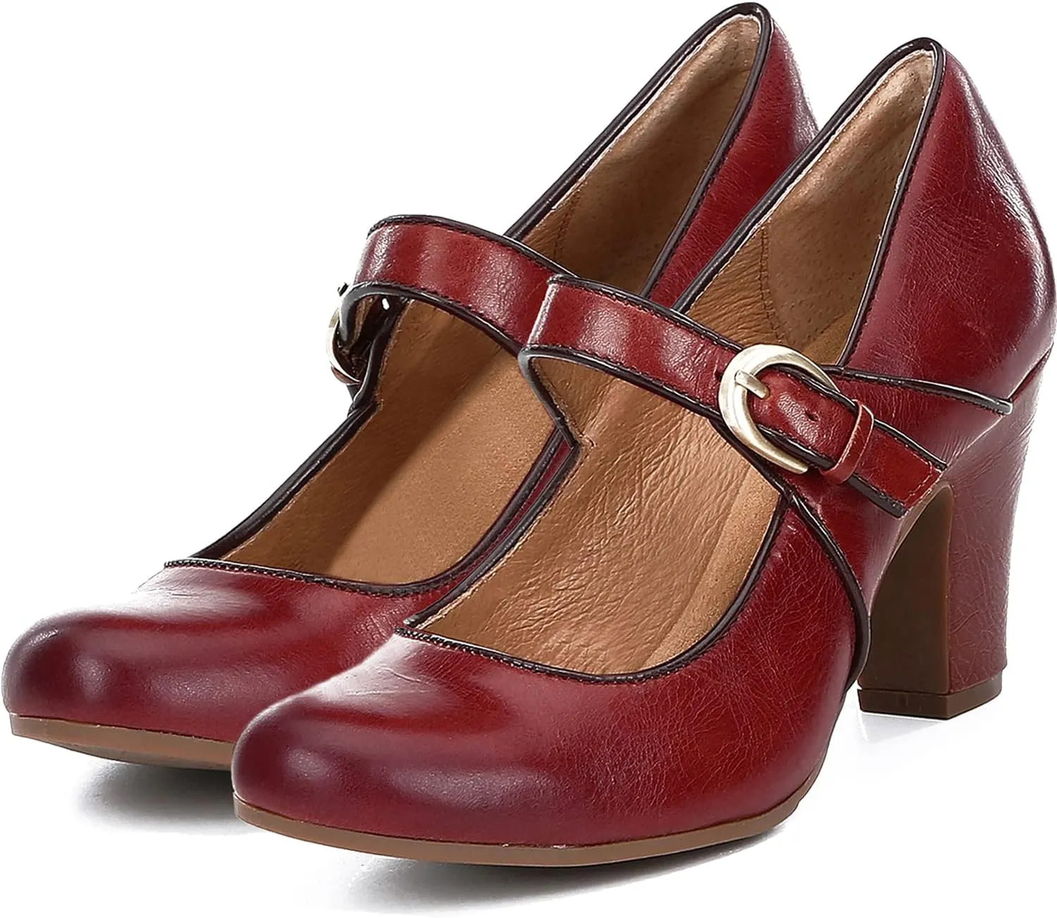 SHODENSE Women Vintage Chunky High Heel Mary Jane Shoes Round Closed Toe Ankle Strap Dress Sandals 3" Block Heels Mary Jane Lolita Pumps Two-Toned Patchwork Buckle Office Lady Wedding Retro 4-11 M US