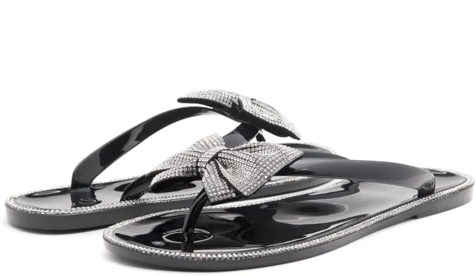 Shoe Land Summer Women's Flat Sandals Jelly Flip Flops Rhinestone Bowtie Thong Sandal Strappy Slip On Slides for Daily Beach Pool