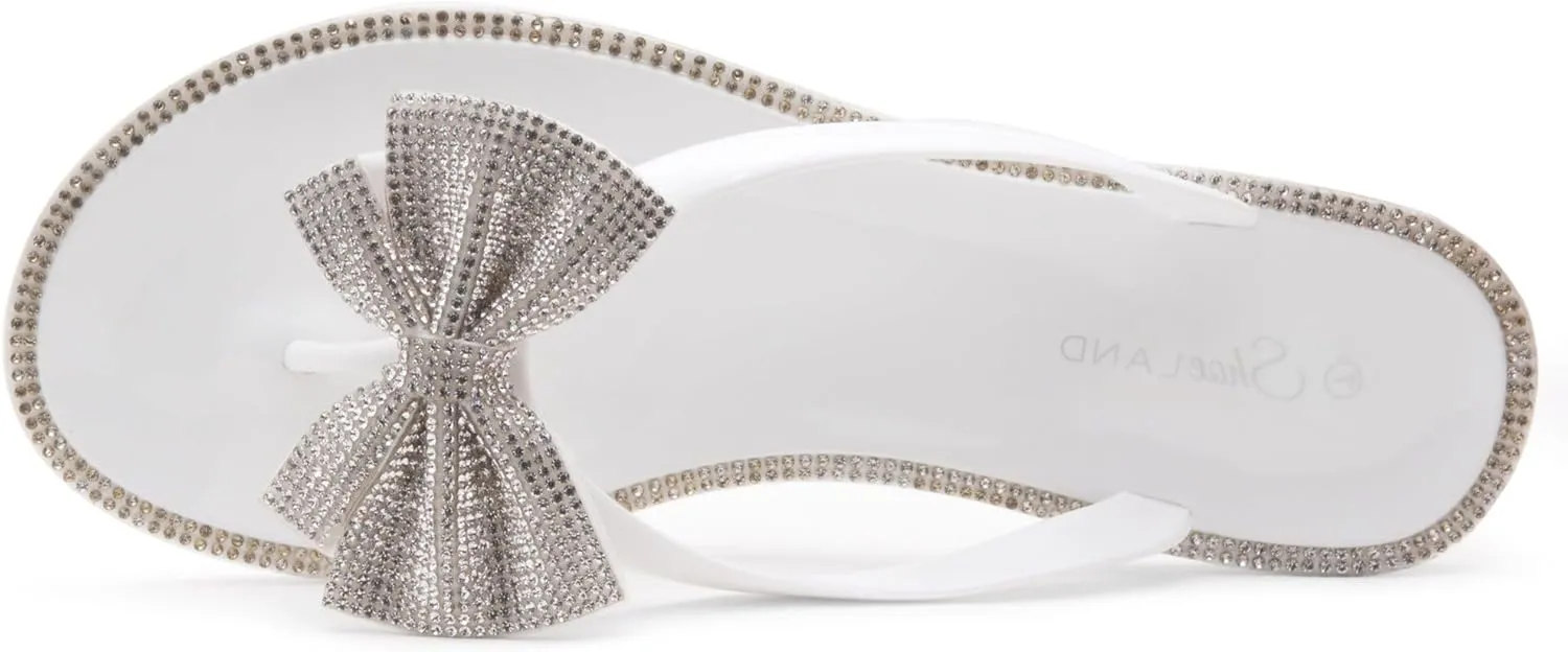 Shoe Land Summer Women's Flat Sandals Jelly Flip Flops Rhinestone Bowtie Thong Sandal Strappy Slip On Slides for Daily Beach Pool
