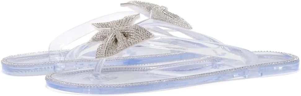 Shoe Land Summer Women's Flat Sandals Jelly Flip Flops Rhinestone Bowtie Thong Sandal Strappy Slip On Slides for Daily Beach Pool