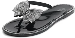 Shoe Land Summer Women's Flat Sandals Jelly Flip Flops Rhinestone Bowtie Thong Sandal Strappy Slip On Slides for Daily Beach Pool