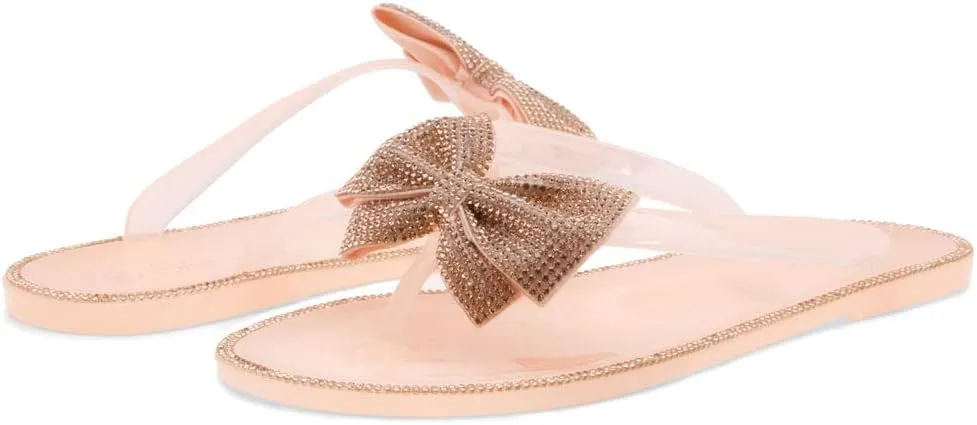 Shoe Land Summer Women's Flat Sandals Jelly Flip Flops Rhinestone Bowtie Thong Sandal Strappy Slip On Slides for Daily Beach Pool