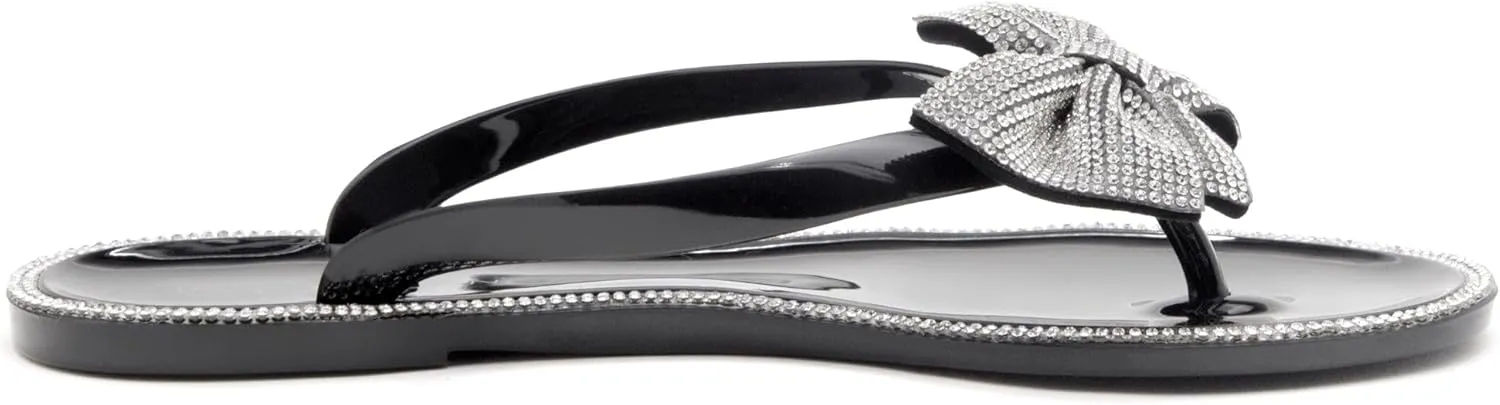 Shoe Land Summer Women's Flat Sandals Jelly Flip Flops Rhinestone Bowtie Thong Sandal Strappy Slip On Slides for Daily Beach Pool