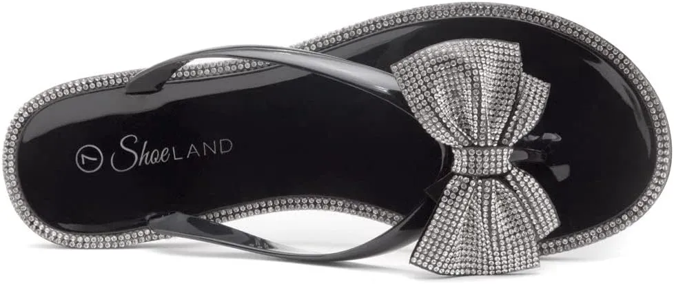 Shoe Land Summer Women's Flat Sandals Jelly Flip Flops Rhinestone Bowtie Thong Sandal Strappy Slip On Slides for Daily Beach Pool