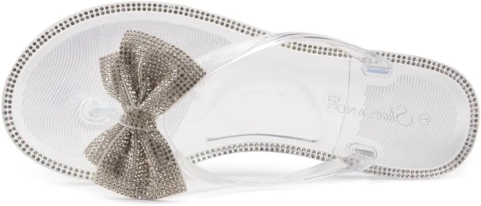 Shoe Land Summer Women's Flat Sandals Jelly Flip Flops Rhinestone Bowtie Thong Sandal Strappy Slip On Slides for Daily Beach Pool