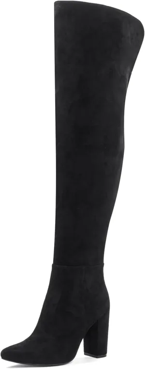 Shoe'N Tale Thigh High Over The Knee Boots for Women Block Chunky Heel Suede Long Pointed Toe Boots