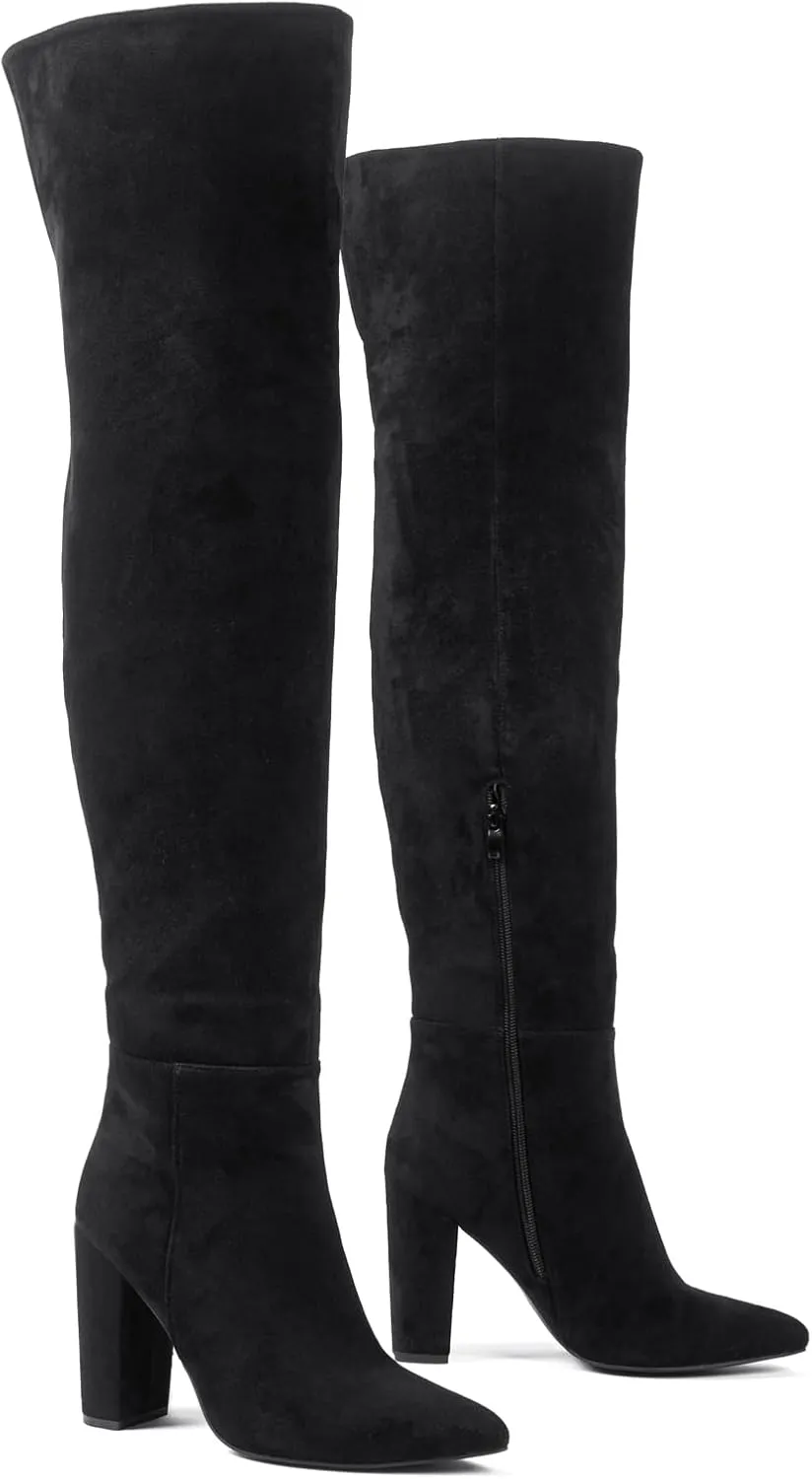 Shoe'N Tale Thigh High Over The Knee Boots for Women Block Chunky Heel Suede Long Pointed Toe Boots
