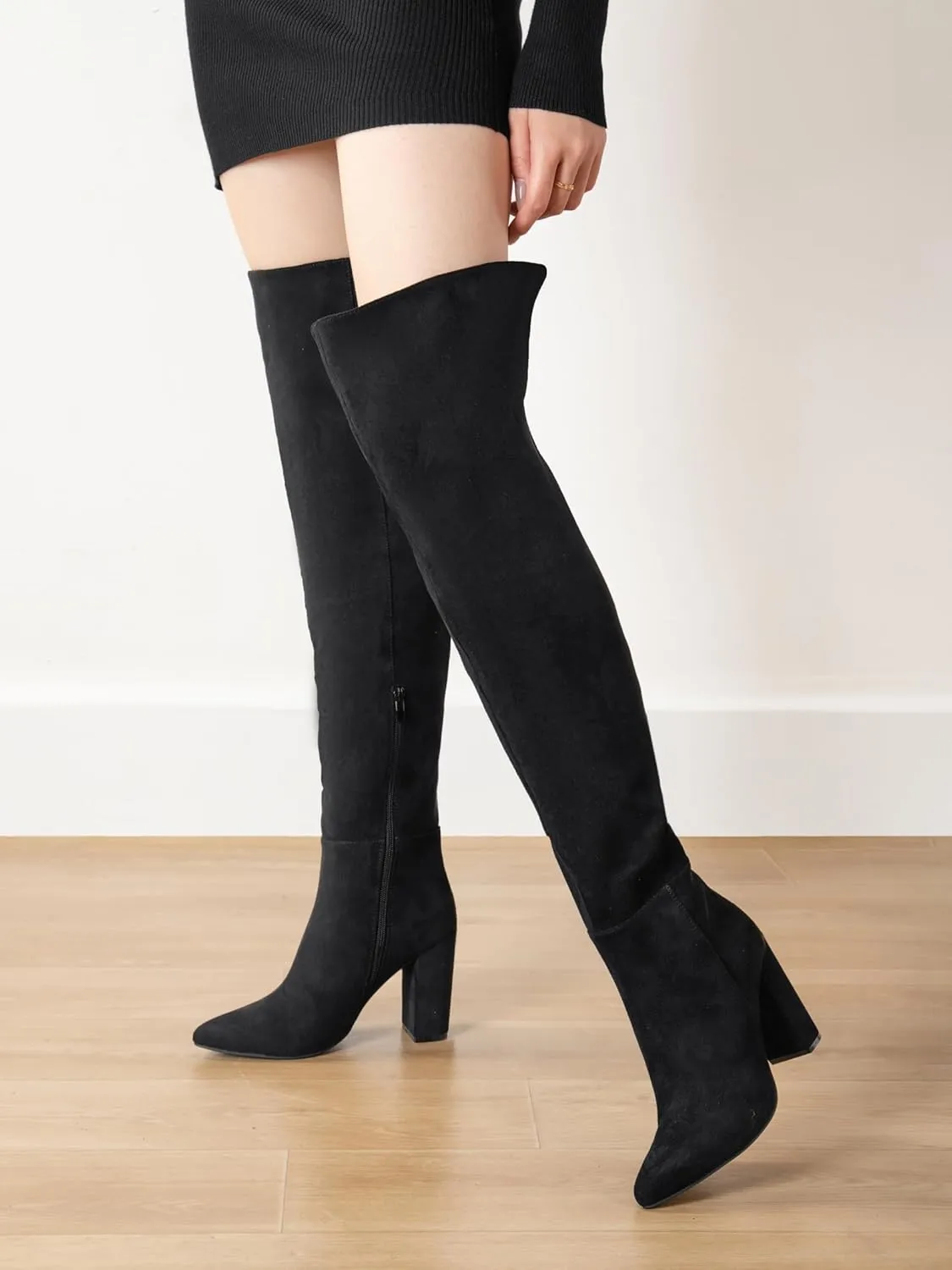 Shoe'N Tale Thigh High Over The Knee Boots for Women Block Chunky Heel Suede Long Pointed Toe Boots