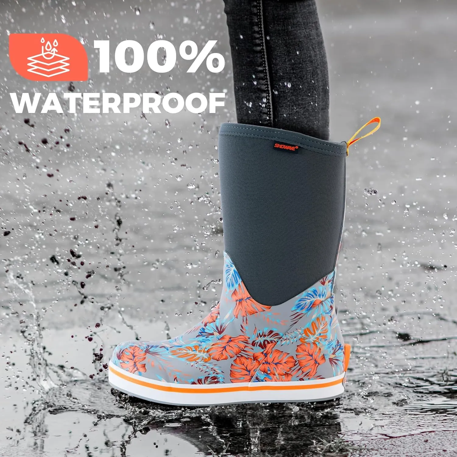 Showave Women's Deck Boots Mid Calf Rain Boots Waterproof Non-slip Insulated Rubber Boots Durable Mud Boots for Cold Day