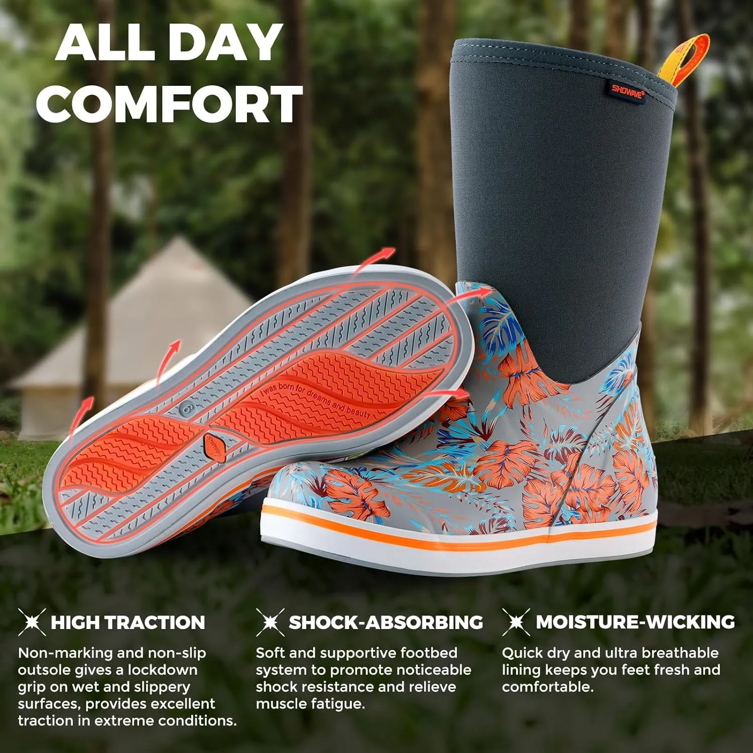 Showave Women's Deck Boots Mid Calf Rain Boots Waterproof Non-slip Insulated Rubber Boots Durable Mud Boots for Cold Day