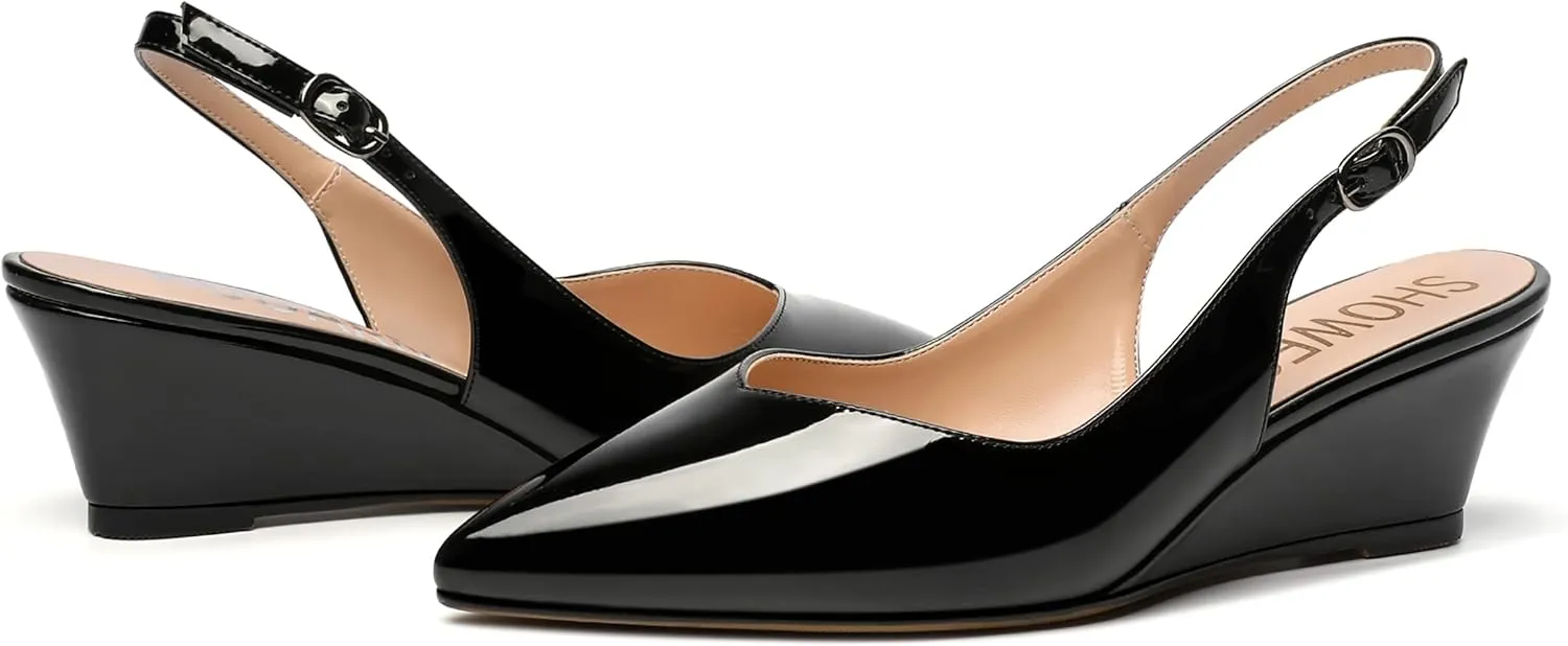 SHOWFOREST Women's Dating Adjustable Strap Buckle Solid Fashion Patent Pointed Toe Wedge Low Heel Pumps Shoes 2 Inch