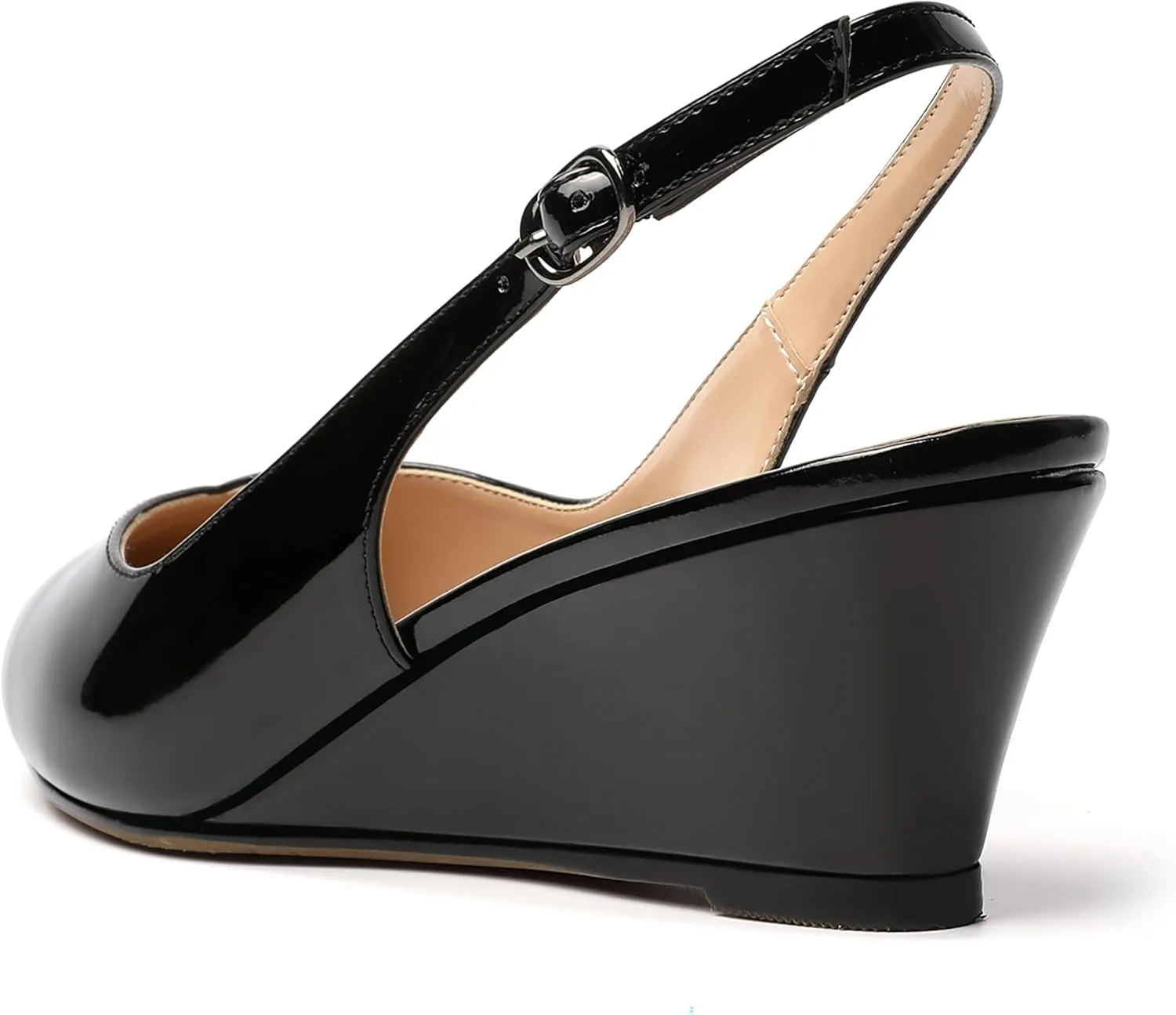 SHOWFOREST Women's Dating Adjustable Strap Buckle Solid Fashion Patent Pointed Toe Wedge Low Heel Pumps Shoes 2 Inch