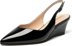 SHOWFOREST Women's Dating Adjustable Strap Buckle Solid Fashion Patent Pointed Toe Wedge Low Heel Pumps Shoes 2 Inch