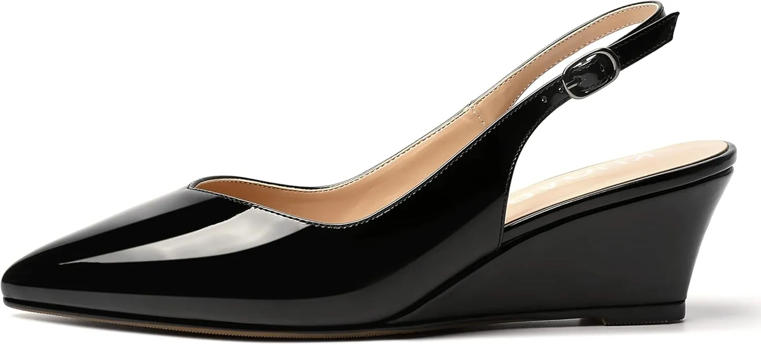 SHOWFOREST Women's Dating Adjustable Strap Buckle Solid Fashion Patent Pointed Toe Wedge Low Heel Pumps Shoes 2 Inch