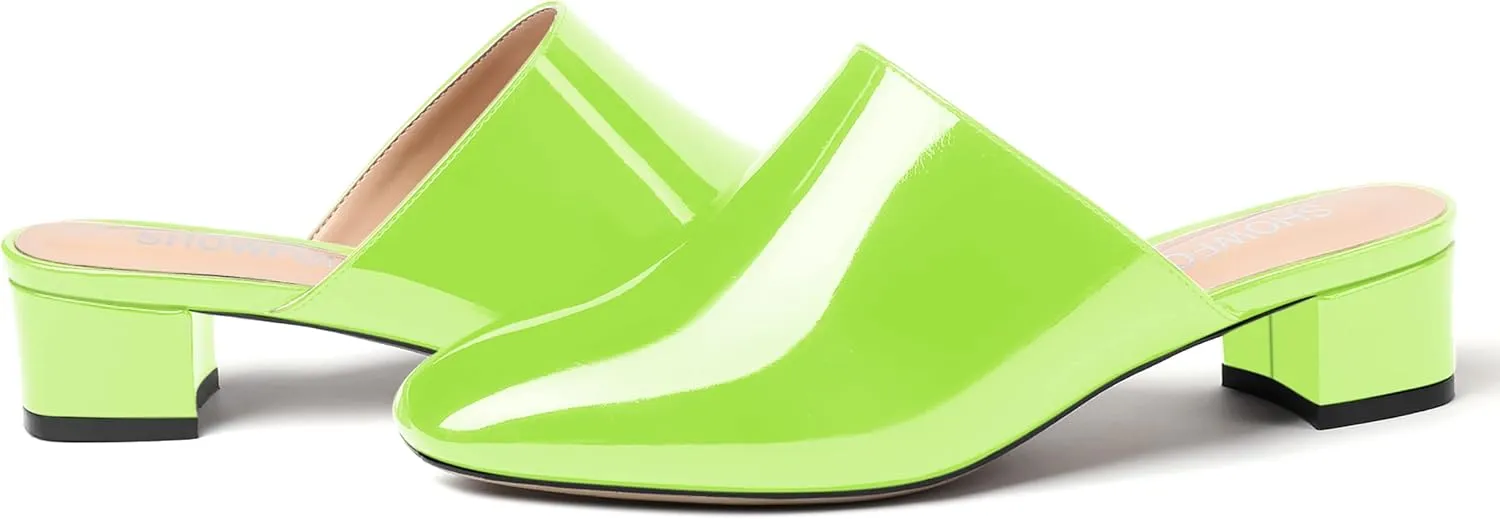 SHOWFOREST Women's Dress Patent Slip On Party Square Toe Chunky Low Heel Mules Shoes 1.5 Inch