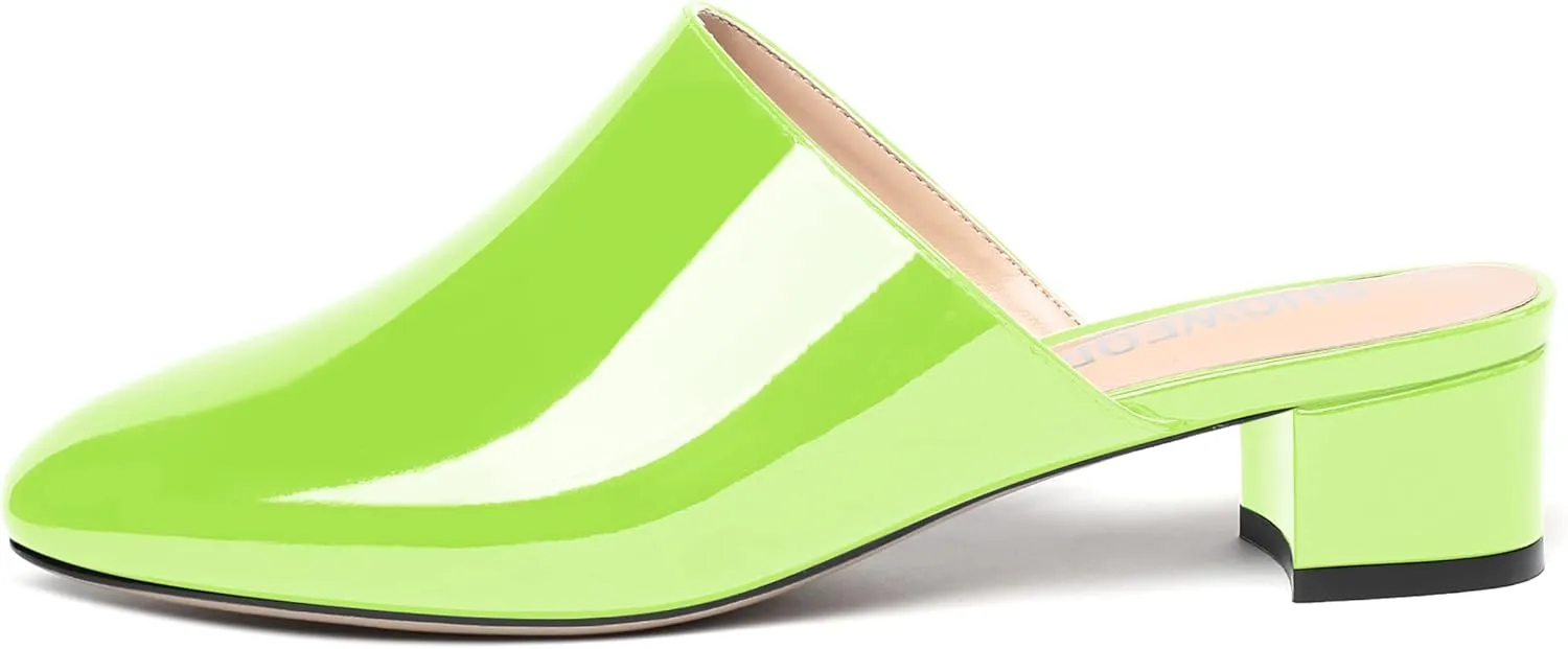SHOWFOREST Women's Dress Patent Slip On Party Square Toe Chunky Low Heel Mules Shoes 1.5 Inch