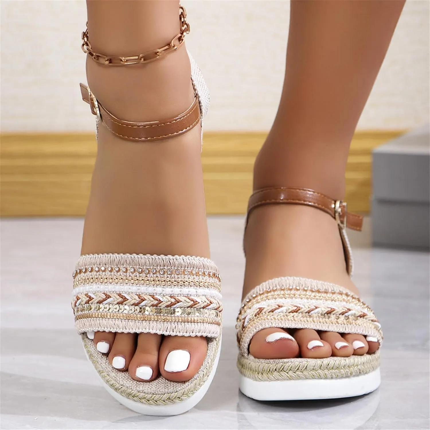 Slip On Wedge Sandals for Women Orthopedic Open Toe Espadrilles Platform Sandals Beach Casual Slides Dressy Walking Sandal Fashion Ankle Strap Pearl Outdoor Shoes