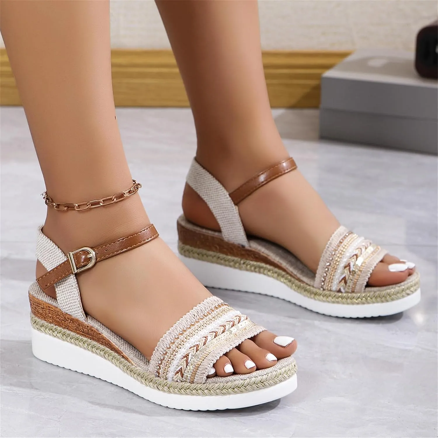 Slip On Wedge Sandals for Women Orthopedic Open Toe Espadrilles Platform Sandals Beach Casual Slides Dressy Walking Sandal Fashion Ankle Strap Pearl Outdoor Shoes