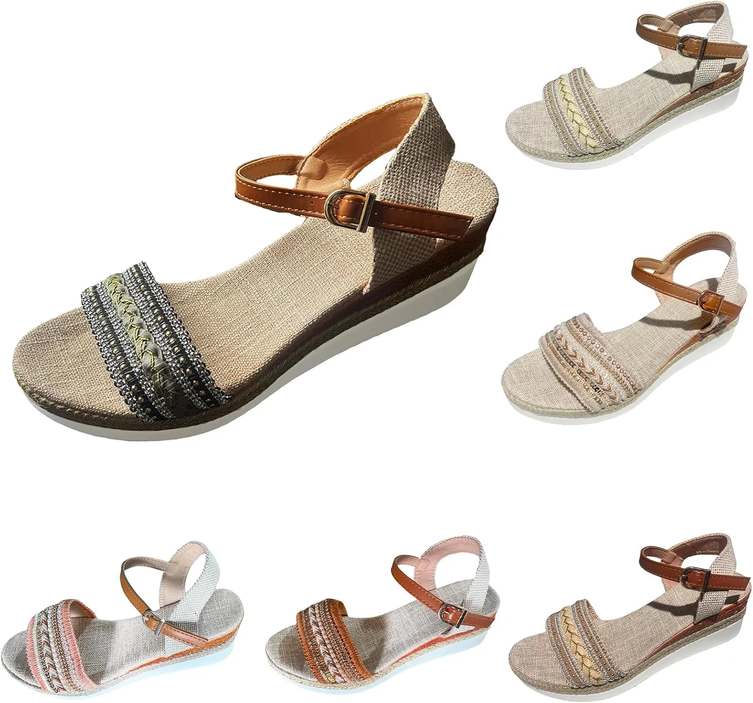 Slip On Wedge Sandals for Women Orthopedic Open Toe Espadrilles Platform Sandals Beach Casual Slides Dressy Walking Sandal Fashion Ankle Strap Pearl Outdoor Shoes