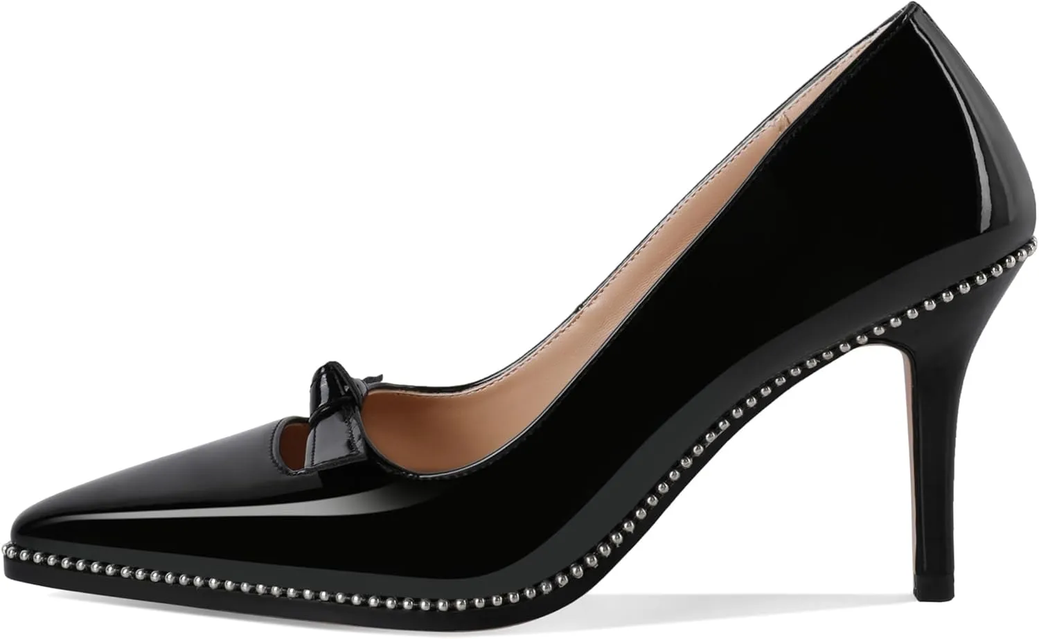 Soireelady Womens Beaded Pumps Stiletto High Heel with Bow Pointed Toe Slip On Fashion Dress Shoes Patent Leather 3.5 Inch