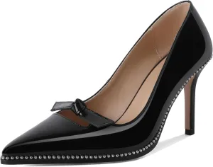 Soireelady Womens Beaded Pumps Stiletto High Heel with Bow Pointed Toe Slip On Fashion Dress Shoes Patent Leather 3.5 Inch