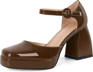 Soireelady Womens Chunky Platform Heels, Mary Jane Shoes Block Heel Pumps, High Heel Square Toe D'Orsay Heels Ankle Strap Dress Shoes 4 Inch