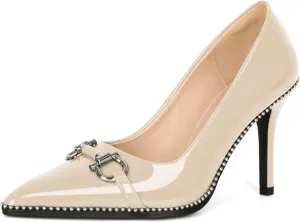 Soireelady Womens High Heel Beaded Pumps Closed Pointed Toe Stiletto Heels Buckle Bow Slip On Fashion Dress Shoes Patent 3.5 Inch