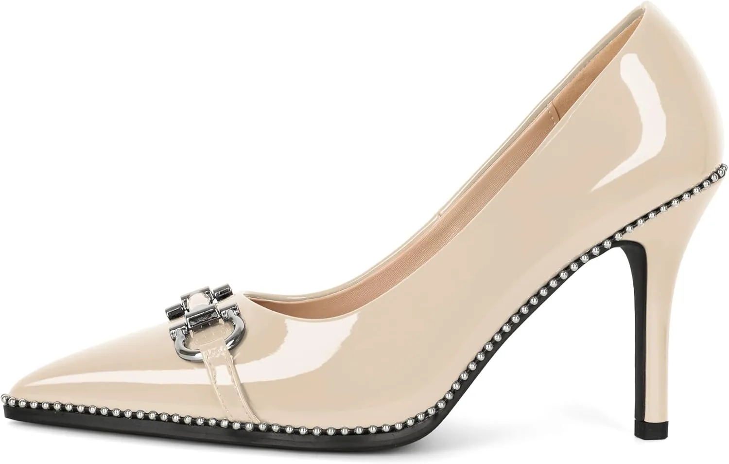 Soireelady Womens High Heel Beaded Pumps Closed Pointed Toe Stiletto Heels Buckle Bow Slip On Fashion Dress Shoes Patent 3.5 Inch