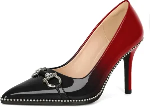 Soireelady Womens High Heel Beaded Pumps Closed Pointed Toe Stiletto Heels Buckle Bow Slip On Fashion Dress Shoes Patent 3.5 Inch