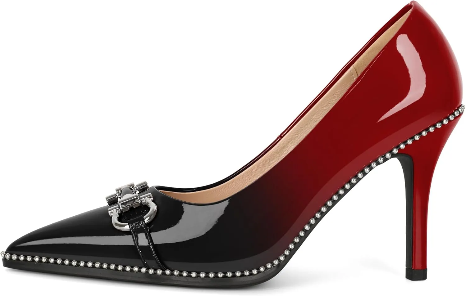 Soireelady Womens High Heel Beaded Pumps Closed Pointed Toe Stiletto Heels Buckle Bow Slip On Fashion Dress Shoes Patent 3.5 Inch
